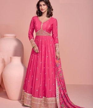 embroidered chinon free size anarkali suit semi stitched